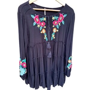 Free People Black Embroidered Floral Tiered Tassel Peasant Tunic Top XS OB403332